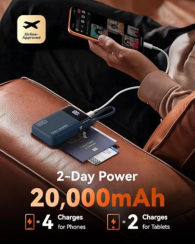 INIU Cargador portátil, pequeño Banco de energía de 20000 mAh con Cable USB-C Integrado, Mini batería de Carga rápida de 45 W, Cargador de teléfono Esencial de Viaje para Estudiantes universitarios