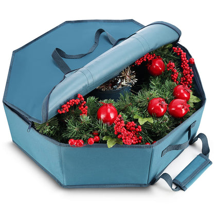 Hearth & Harbor Contenedor de almacenamiento para coronas de Navidad – Bolsa de almacenamiento rígida para coronas de Navidad con bolsillos interiores, doble cremallera y asas – Caja organizadora de