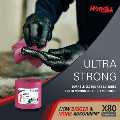 WypAll PowerClean X80 - Toallitas resistentes (41055), Jumbo, toallas de uso extendido, rojo (1 rollo de 455 hojas, 455 hojas en total)