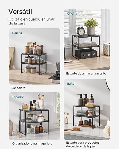 SONGMICS Especiero, Estante para Especias, Organizador para Armarios, Apilable, Ampliable, Juego de 2 Estantes Metálicos, Negro Tinta MKCS001B01