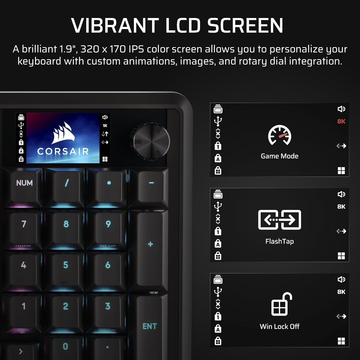 Corsair Vanguard 96 Teclado mecánico para juegos con cable – 96% diseño, interruptores lineales de plasma MLX, sondeo de 8000 Hz, visualización LCD, cubierta de flujo virtual, teclas G, SOCD Flashtap