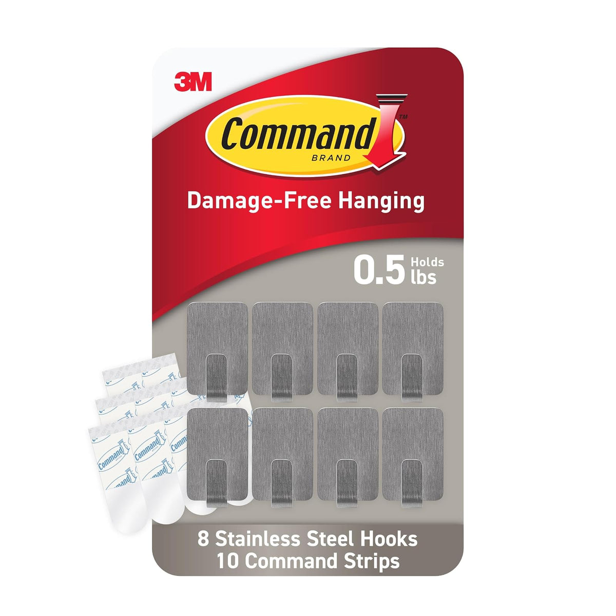 Command Pequeños ganchos de metal de acero inoxidable, 8 ganchos, 10 tiras, ideales para decoración de recámara