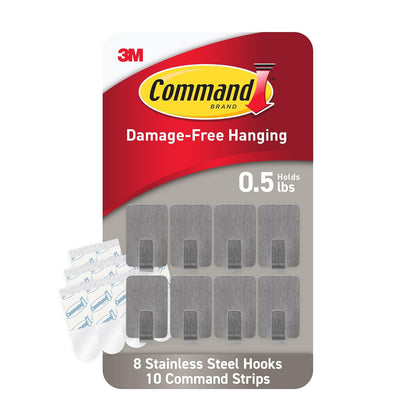Command Pequeños ganchos de metal de acero inoxidable, 8 ganchos, 10 tiras, ideales para decoración de recámara