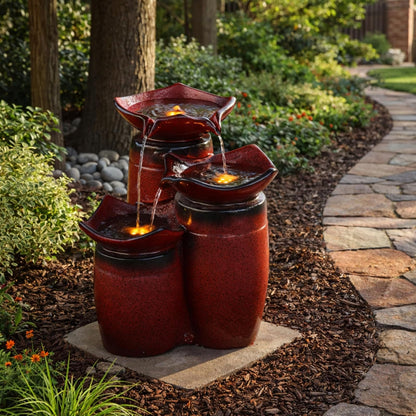 Teamson Home - Fuente de macetas de 3 Niveles con Luces LED y Bomba para Exteriores, Patio, jardín, Patio, terraza, 20 Pulgadas de Altura, Rojo Degradado