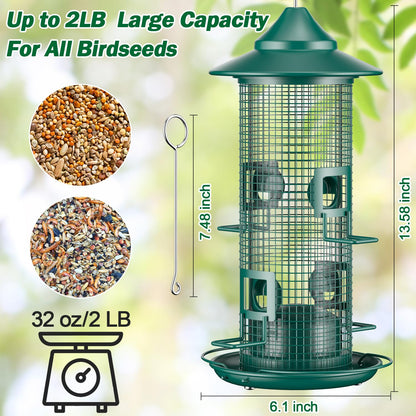 Jarkyfine - Comedero de pájaros de Malla metálica para Colgar en Exteriores, comederos de pájaros a Prueba de Ardilla para Exteriores, a Prueba de óxido, 4 Puertos, 2 Libras de Gran Capacidad, fácil
