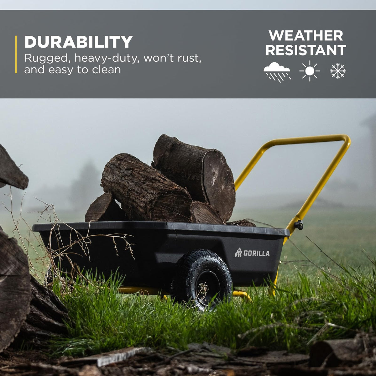 Gorilla Carts GCR-4 - Carro de volquete, Carro de jardín de 2 Ruedas con Mango Plegable, 4 pies cúbicos, 300 Libras Capacity, Negro/Amarillo