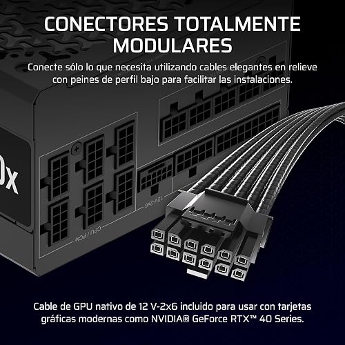 Corsair RM1000x Fuente de Alimentación ATX Totalmente Modular de Bajo Ruido – Compatible con ATX 3.1 – Compatible con PCIe 5.1 – Eficiencia Cybenetics Gold – Conector 12V–2x6 Nativo – Negro