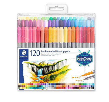 Staedtler bolígrafos de punta de fibra de doble punta, tinta lavable, puntas de escritura fina y negrita, 120 colores surtidos, 3200 TB120, multicolor (3200 TB120ST)