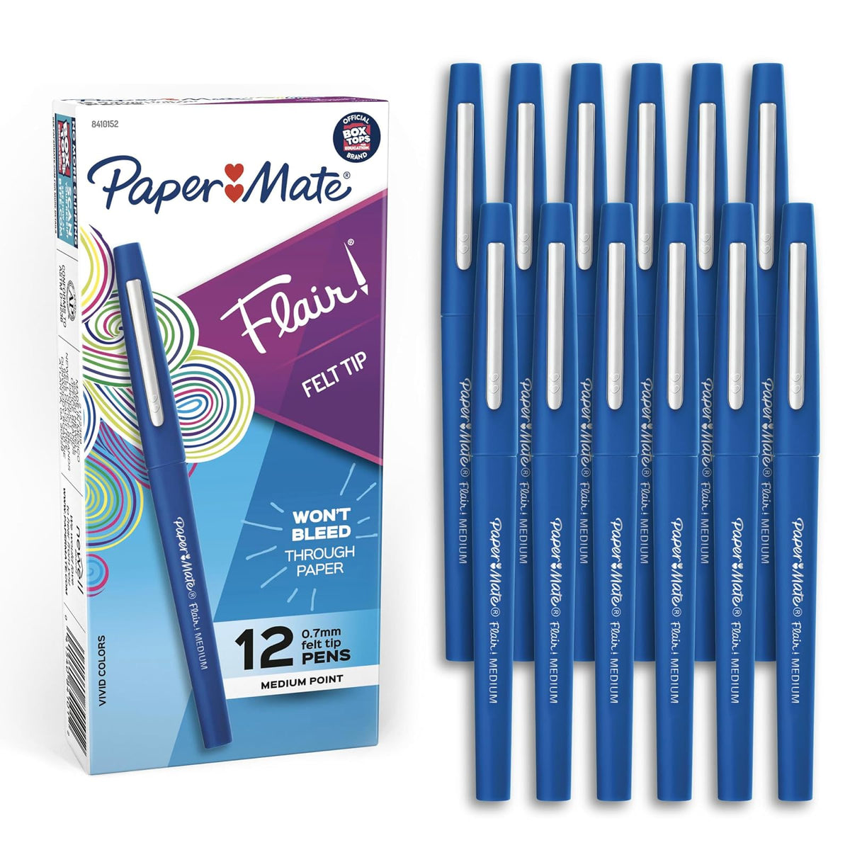 Paper Mate Flair - Marcadores de punta de fieltro, Punta media, Azul, Paquete de 12 unidades