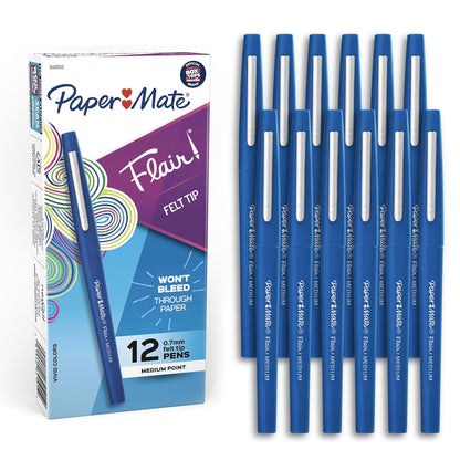 Paper Mate Flair - Marcadores de punta de fieltro, Punta media, Azul, Paquete de 12 unidades