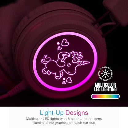 MEE audio KidJamz KJ55 Auriculares USB-C de escucha segura para niños con luces LED multicolores, limitador de volumen y micrófono; auriculares con cable para niños para iPhone 15, iPad y dispositivos