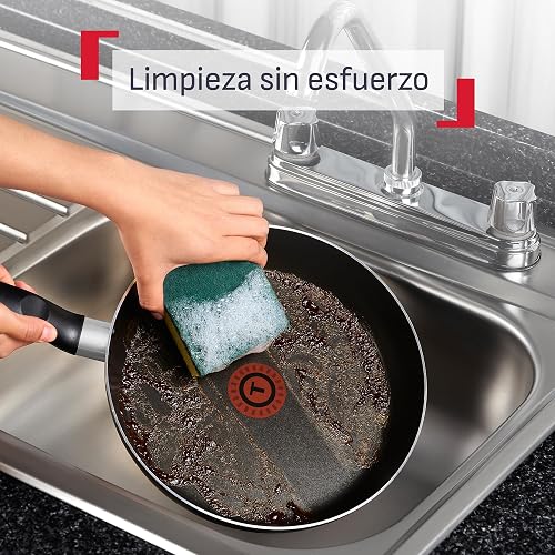 T-FAL Juego de sartenes easy cook negro cubierta antiadherente para una cocina fácil con indicador de calor thermo-señal y base de difusión. Medidas de sartén 20, 24 y 26 cm, B4440482AMAM