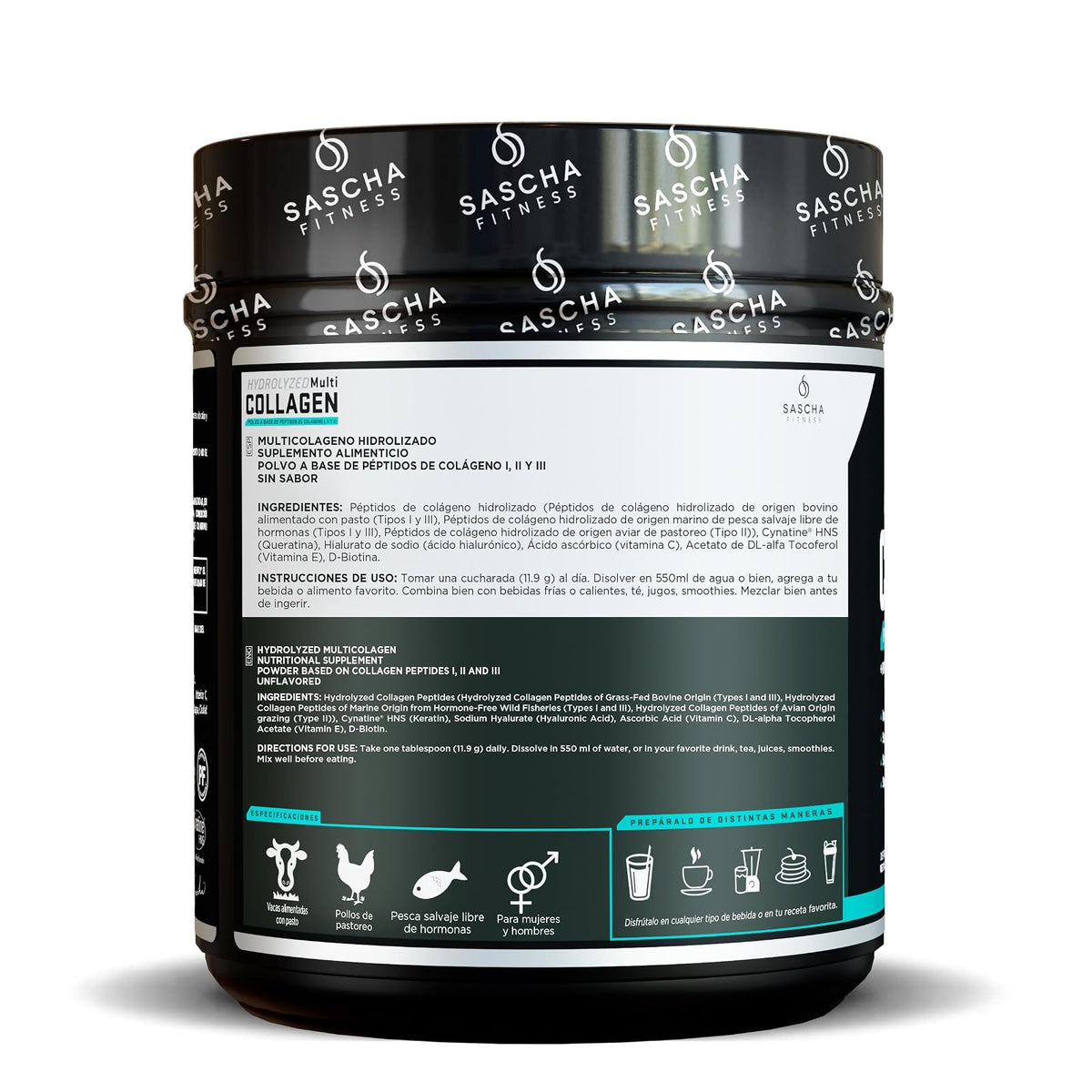 Sascha Fitness Multi Colágeno Hidrolizado | Ácido Hialurónico | Biotina | Cynatine HNS | Vitamina C & E - Sin Sabor
