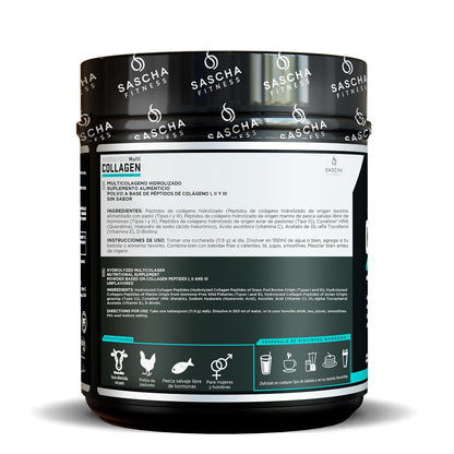 Sascha Fitness Multi Colágeno Hidrolizado | Ácido Hialurónico | Biotina | Cynatine HNS | Vitamina C & E - Sin Sabor