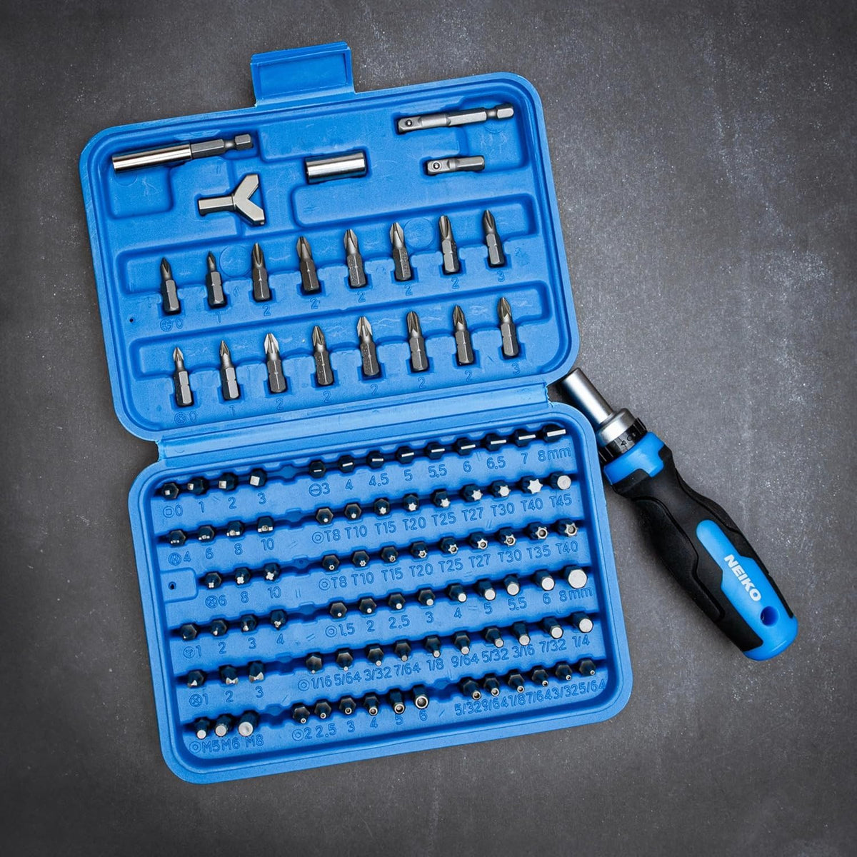 Neiko Juego de Brocas de Seguridad 10082A | Juego de 101 piezas, destornillador de carraca, acero Cr-V, soporte magnético de 1/4"