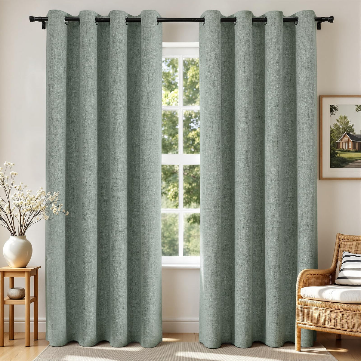 Joydeco Cortinas Opacas de Lino Sintético, 2 Paneles - Verde salvia - 132An x 160Al cm (2 Paneles)