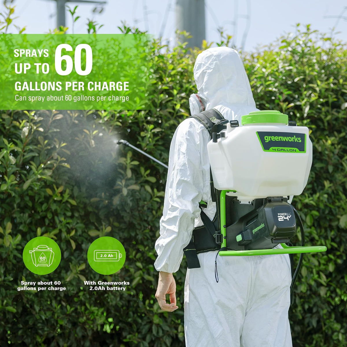 Greenworks Pulverizador de Mochila Premium PA891K 24 V, 4 galones, Kit de pulverizador de Mochila Alimentado por batería para desmalezar, rociar, Limpiar.
