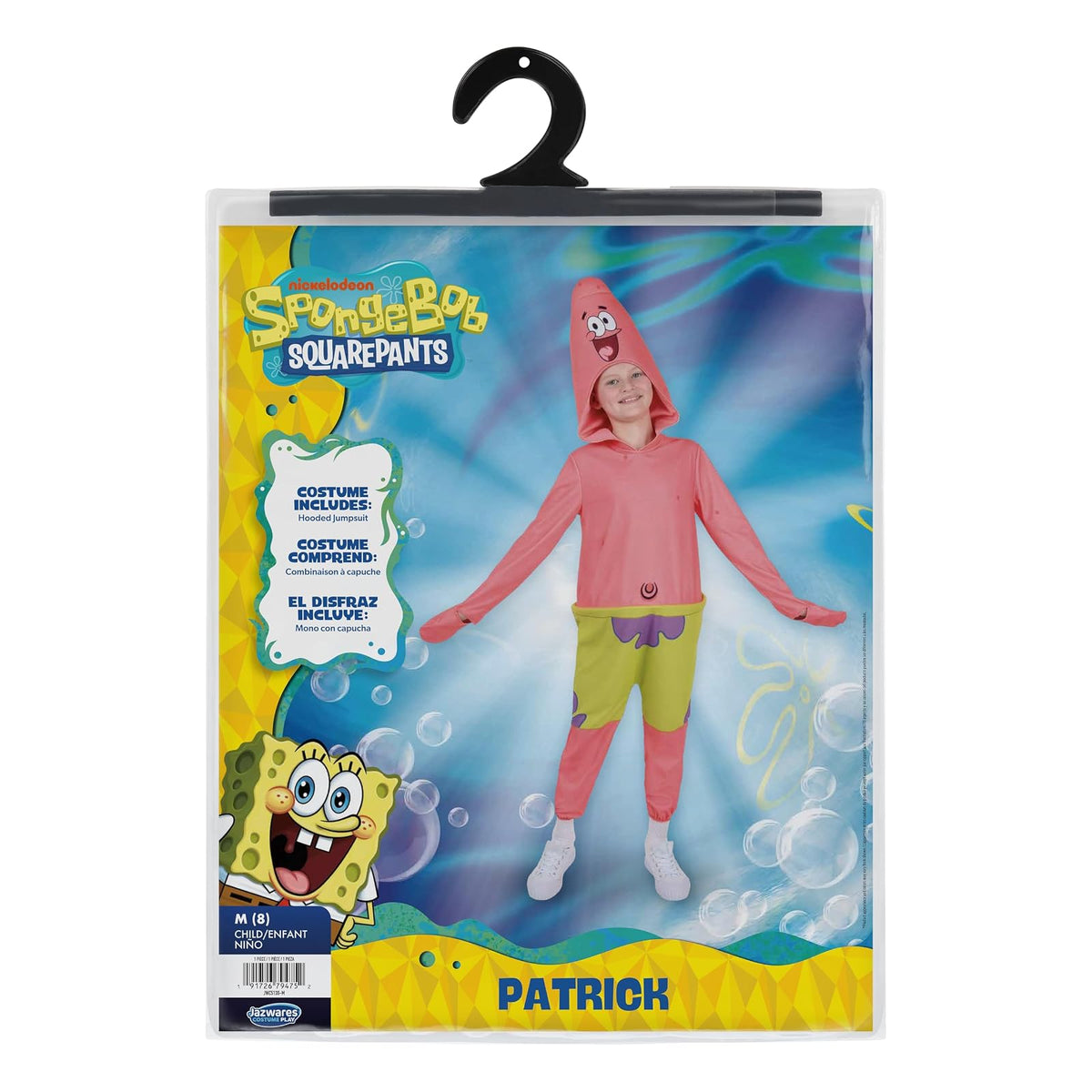 Jazwares Disfraz SpongeBob SquarePants Patrick | Talla M, overol manga larga, capucha felpa, diseño impreso