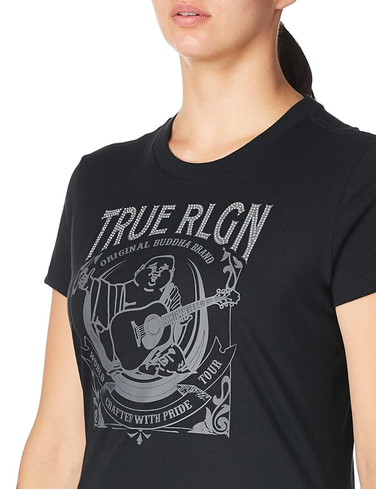 True Religion Moon Buddha - Camiseta de Manga Corta y Cuello Redondo Camiseta para Mujer