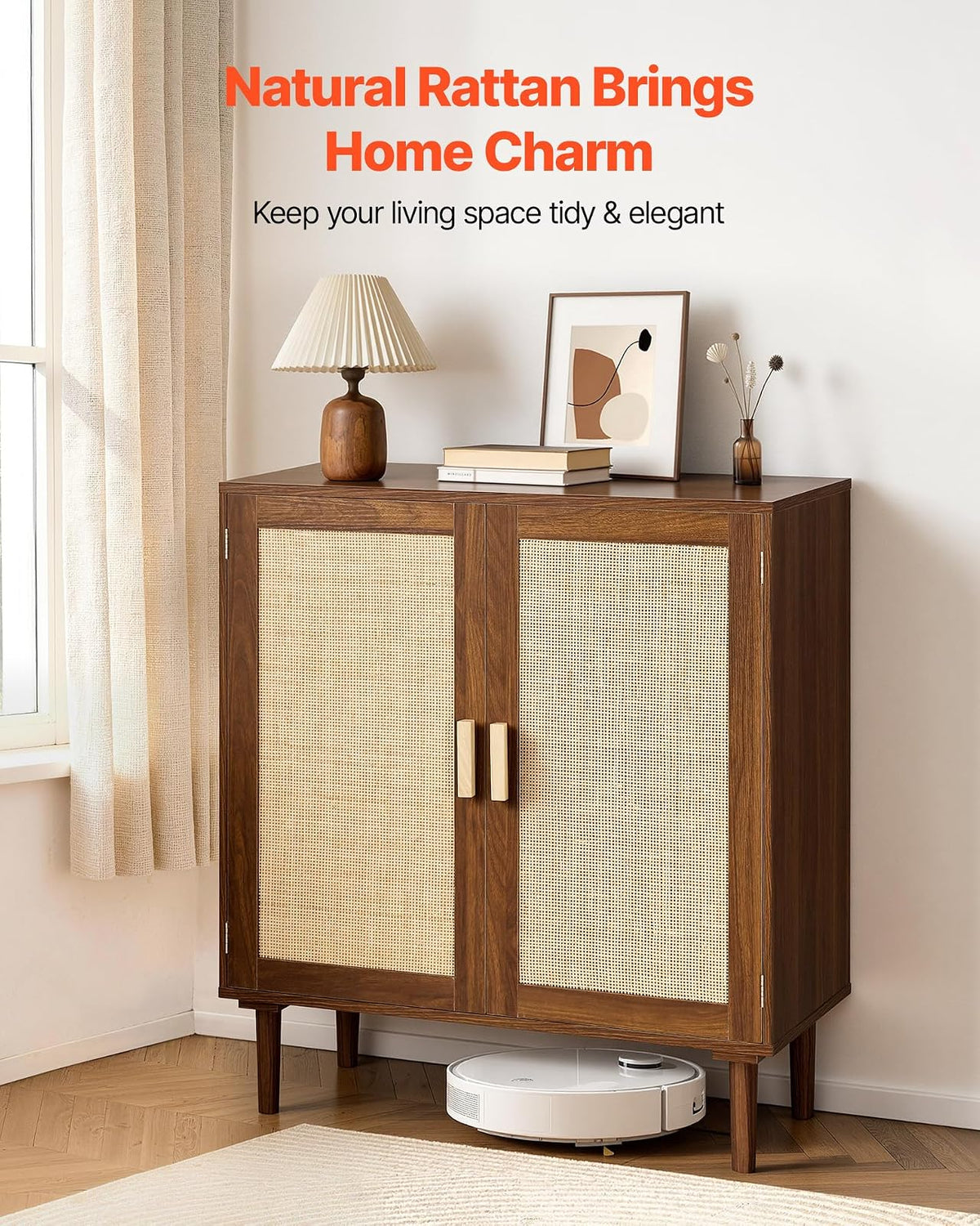 VEVOR Aparador de Ratán con 2 Puertas Magnéticas 80 x 36 x 88 cm, Armario Auxiliar de Ratán con Estante Ajustable y Patas Elevadas de 14,5 cm, para Pasillo, Entrada, Salón, Cocina, Dormitorio