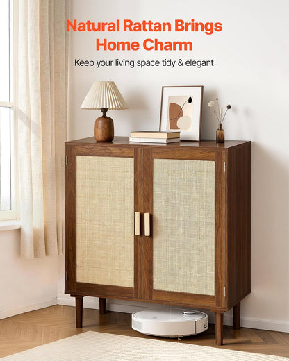 VEVOR Aparador de Ratán con 2 Puertas Magnéticas 80 x 36 x 88 cm, Armario Auxiliar de Ratán con Estante Ajustable y Patas Elevadas de 14,5 cm, para Pasillo, Entrada, Salón, Cocina, Dormitorio