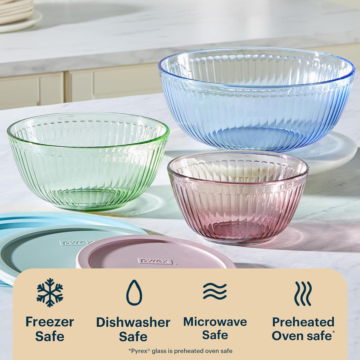 Pyrex Colors Tinted (paquete de 3, juego completo) cuencos para mezclar de vidrio tintado esculpido con tapas, juego de cuencos para ahorrar espacio para preparar y hornear, 1.3QT, 2.3QT y 4.5Q, azul