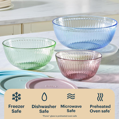 Pyrex Colors Tinted (paquete de 3, juego completo) cuencos para mezclar de vidrio tintado esculpido con tapas, juego de cuencos para ahorrar espacio para preparar y hornear, 1.3QT, 2.3QT y 4.5Q, azul