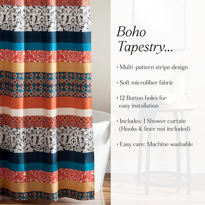 Lush Decoración Boho Cortina de Ducha, diseño de Rayas, 182,9 x 182,9 cm Turquesa/Naranja