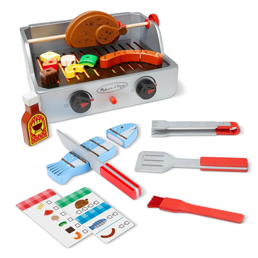 Melissa & Doug Set de Juego de Parrilla Barbacoa y Rosticería, Juguete de Madera, Alimentos de Juguete, Juego Imaginativo (24 Piezas)