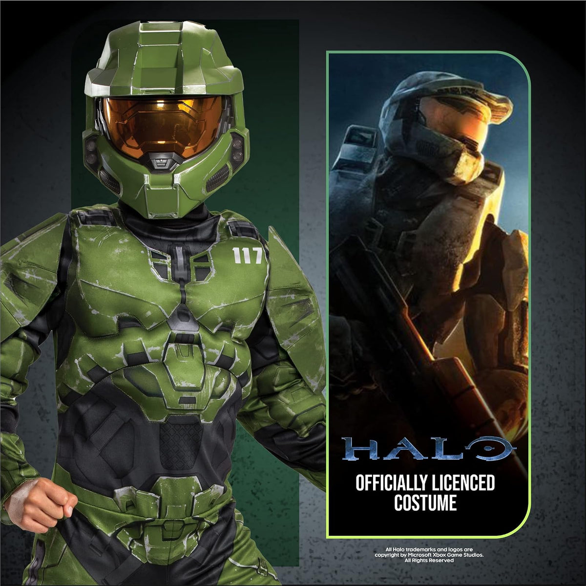 Disfraz de Halo Infinite Master Chief de Disfraz para niños, tamaño de niño, Acolchado Muscular, Inspirado en Videojuegos, Talla de niño, Talla XL (14-16), Verde y Negro