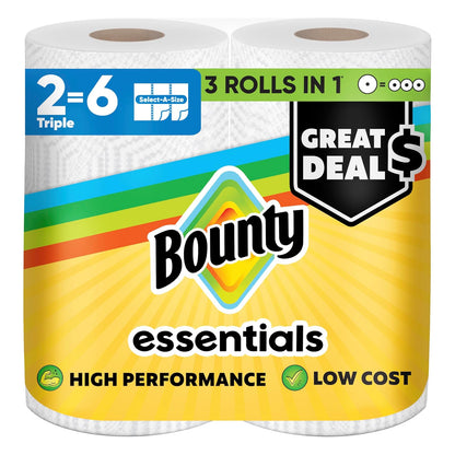 Bounty Essentials - Toallas de papel seleccionadas, color blanco, 2 rollos triples = 6 rollos regulares