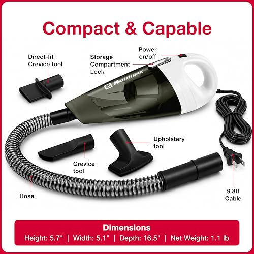 Koblenz Aspiradora de Mano para Auto con Manguera, 400W de Potencia, Manguera de 1m, 3 Accesorios, Aspiradora Portátil con Filtro Lavable, Cable de 3 Metros, Color Negro y Blanco HV-120 KG3 M