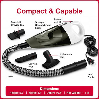 Koblenz Aspiradora de Mano para Auto con Manguera, 400W de Potencia, Manguera de 1m, 3 Accesorios, Aspiradora Portátil con Filtro Lavable, Cable de 3 Metros, Color Negro y Blanco HV-120 KG3 M