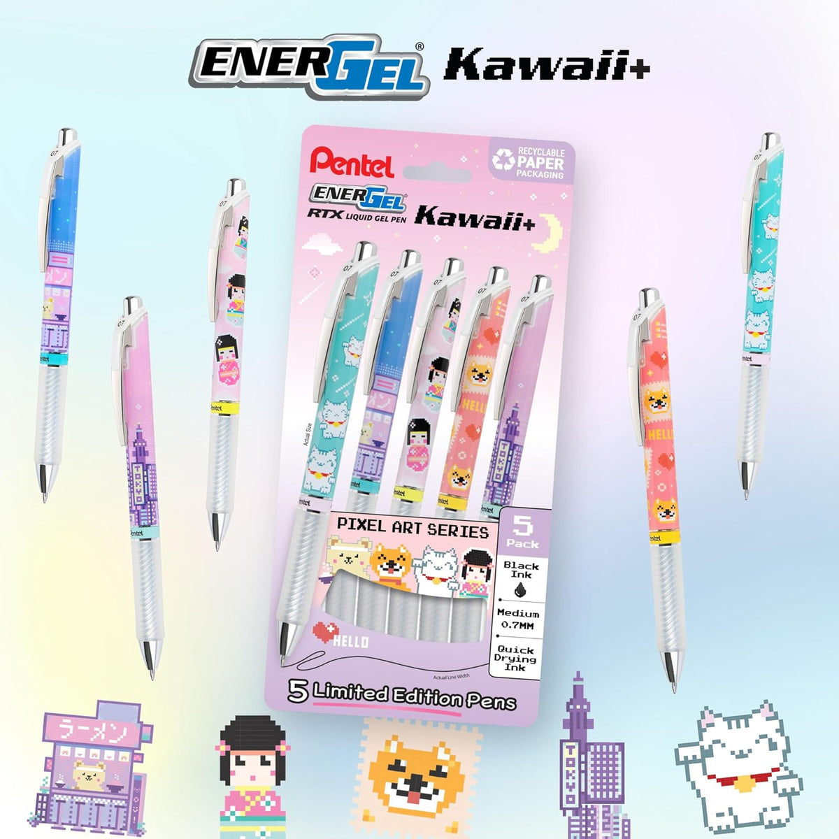Pentel EnerGel RTX Kawaii Pixel Art BL77KWIPF5A | Negro, 0.7 mm, paquete de 5, tinta de gel líquido, diseño Tokio
