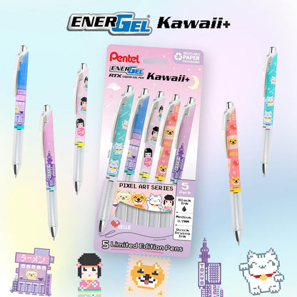 Pentel EnerGel RTX Kawaii Pixel Art BL77KWIPF5A | Negro, 0.7 mm, paquete de 5, tinta de gel líquido, diseño Tokio