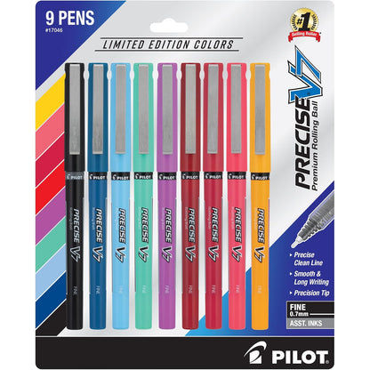 Pilot Precise V7 - Bolígrafos de tinta líquida con tapa, bolígrafos de tinta de punta fina de 0,7 mm, bolígrafos de colores, edición limitada, colores surtidos, paquete de 9, ideales para la escuela