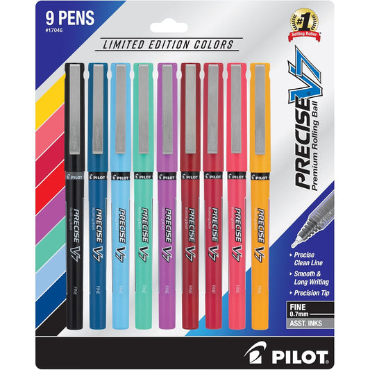 Pilot Precise V7 - Bolígrafos de tinta líquida con tapa, bolígrafos de tinta de punta fina de 0,7 mm, bolígrafos de colores, edición limitada, colores surtidos, paquete de 9, ideales para la escuela