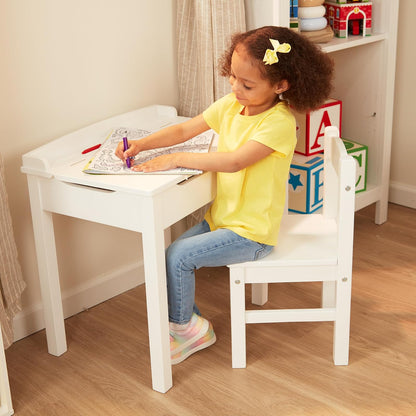 Melissa & Doug Escritorio con tapa abatible y silla para niños, juego de escritorio y silla de madera resistente, tapa con bisagra de seguridad, blanco, 40.894 cm alto x 59.944 cm ancho x 58.928 cm largo