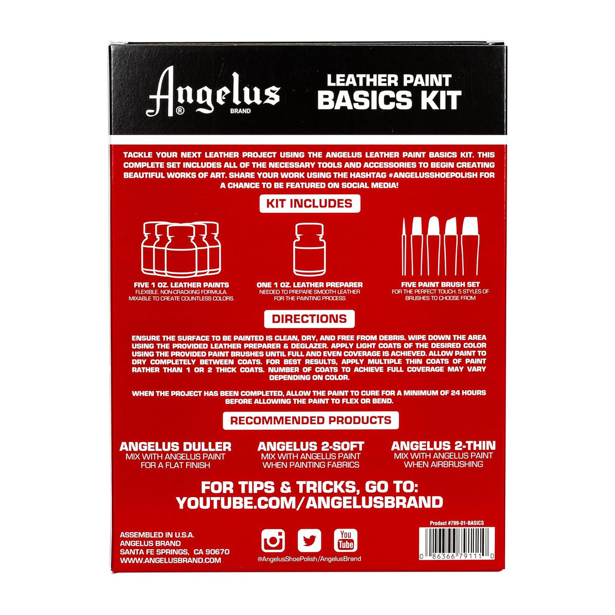 Angelus Leather Paint Basics Kit, Contains 1 Ounce Bottles of Black, White, Red, Blue, Yellow and Preparer, Plus a 5-Piece Angelus Brush Set (799-01-KIT)