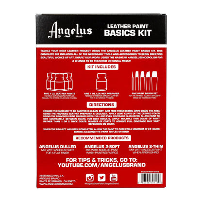 Angelus Leather Paint Basics Kit, Contains 1 Ounce Bottles of Black, White, Red, Blue, Yellow and Preparer, Plus a 5-Piece Angelus Brush Set (799-01-KIT)