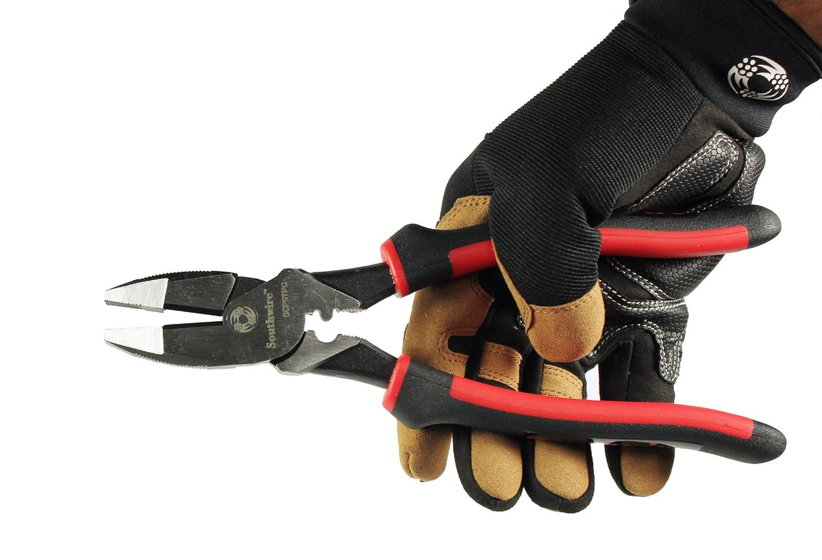 Southwire SCP9TPC - Alicates de corte lateral de alto apalancamiento con tirador de cinta de pescado; crimpador; y asas de agarre cómodo; 9 pulgadas