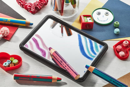STABILO woody 3 en 1 duo - Estuche con 6 colores bitono y sacapuntas | Paquete de 6 unidades, con sacapuntas y 6 bolígrafos