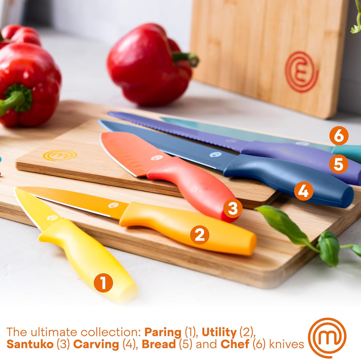 MasterChef - Juego de 6 cuchillos de cocina, cuchillas de acero inoxidable extra afiladas para corte profesional con revestimiento antiadherente y asas suaves al tacto de fácil agarre en un bloque