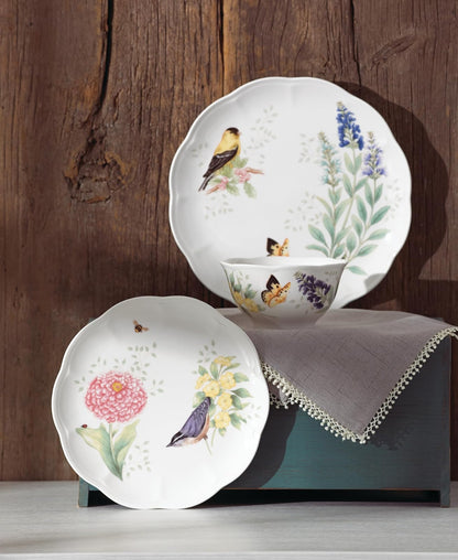 Lenox Vajilla Butterfly Meadow Flutter 12 Piezas para 4 Comensales, Porcelana Blanca, Diseños de Aves, Apta para Microondas