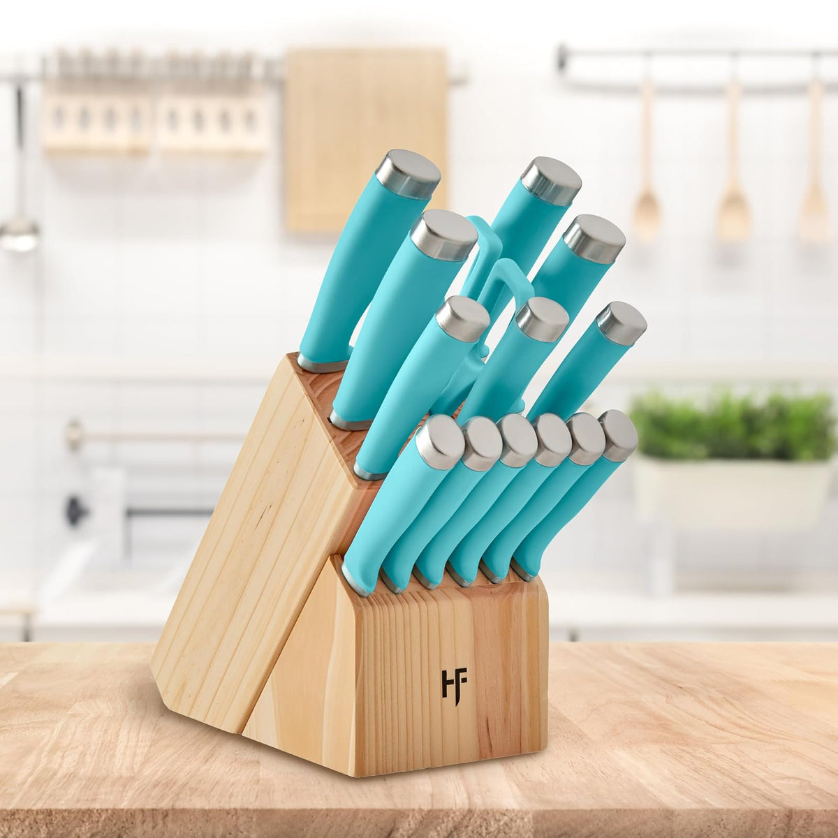 Hampton Forge Set de Cuchillos Epicure True Aqua 15 Piezas con Bloque de Madera, Acero Inoxidable, Lavado a Mano