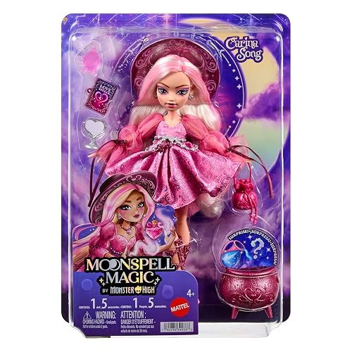 Monster High Muñeca Moonspell Magic Carina Song 4Y+ | Bruja del amor en vestido rosa con caldero sorpresa y accesorios: espejo, sombrero y libro de hechizos, JNM26