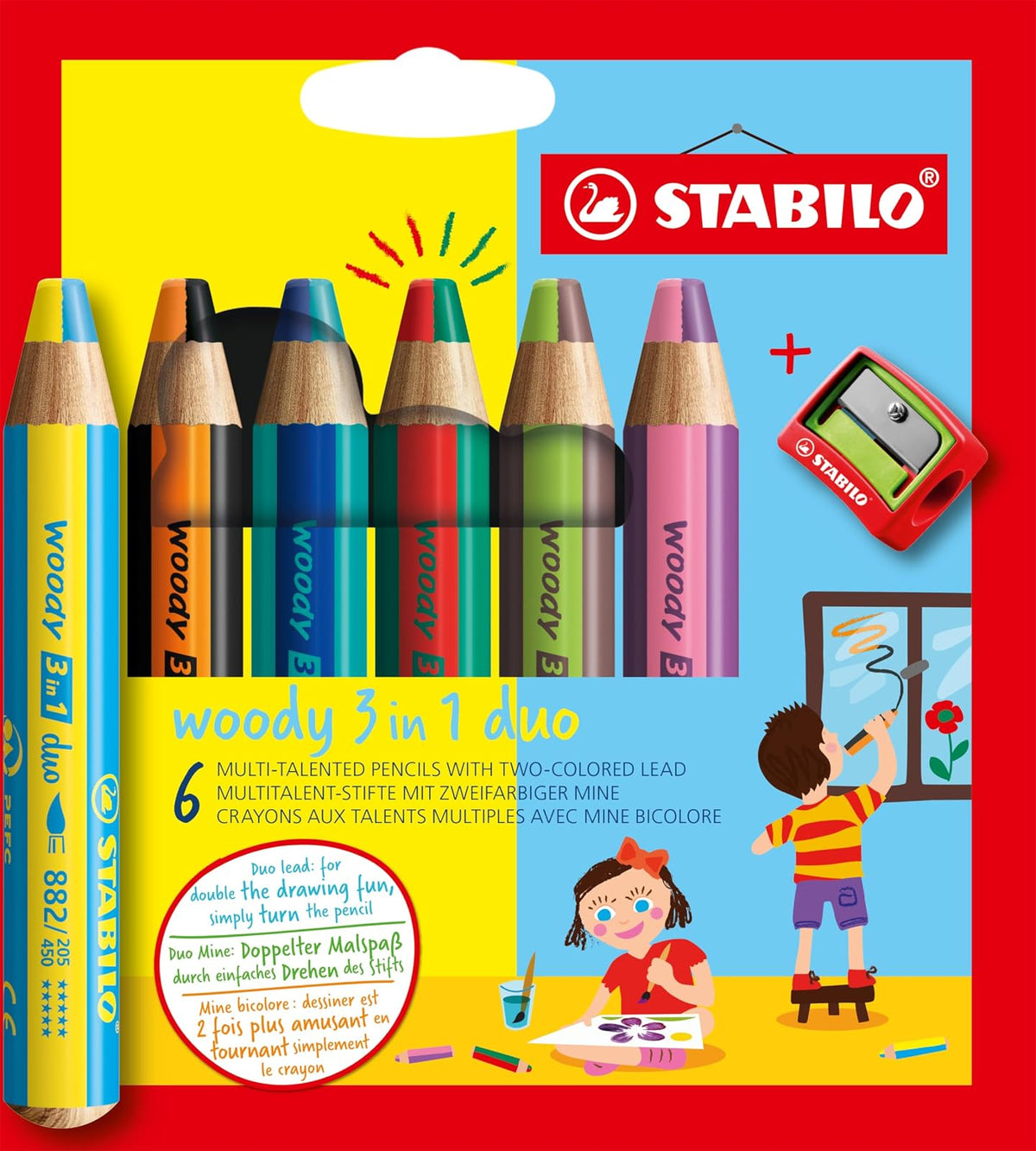 STABILO woody 3 en 1 duo - Estuche con 6 colores bitono y sacapuntas | Paquete de 6 unidades, con sacapuntas y 6 bolígrafos