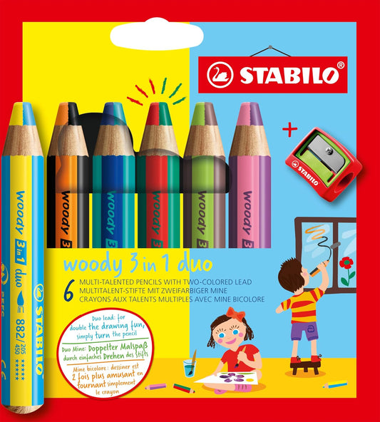 STABILO woody 3 en 1 duo - Estuche con 6 colores bitono y sacapuntas | Paquete de 6 unidades, con sacapuntas y 6 bolígrafos