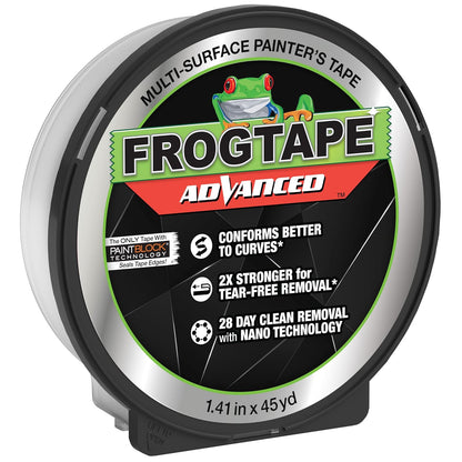 FrogTape - Cinta de pintor avanzada, 1.5 pulgadas de ancho (1.41 pulgadas x 45 yardas), cinta multisuperficie con bloque de pintura, se adapta alrededor de curvas y contornos, extraíble sin desgarros,