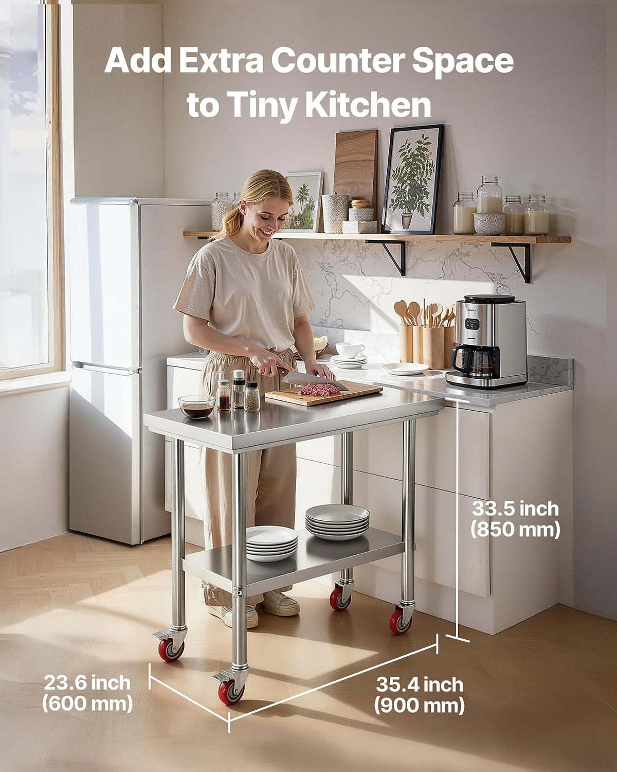 VEVOR Mesa de Trabajo de Acero Inoxidable, Mesa de Preparación con 4 Ruedas, Estantería de Trabajo de Preparación de Alimentos con Estantes Ajustables para Cocina, Garaje, Taller, 90 x 60 x 85 cm